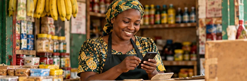 Shop owner using a mobile phone at a local store counter