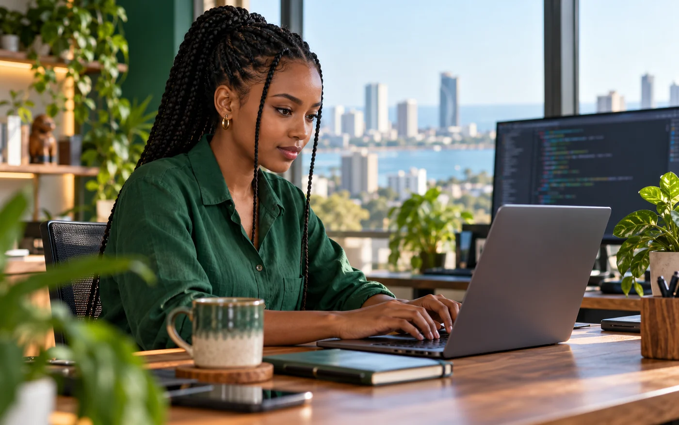 Tanzanian software developer using a laptop in a bright Dar es Salaam workspace