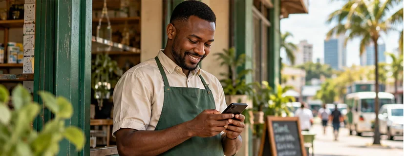 A Tanzanian business owner reviewing messaging costs at a shop