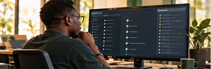 Software developer reviewing message event and delivery activity on a monitor